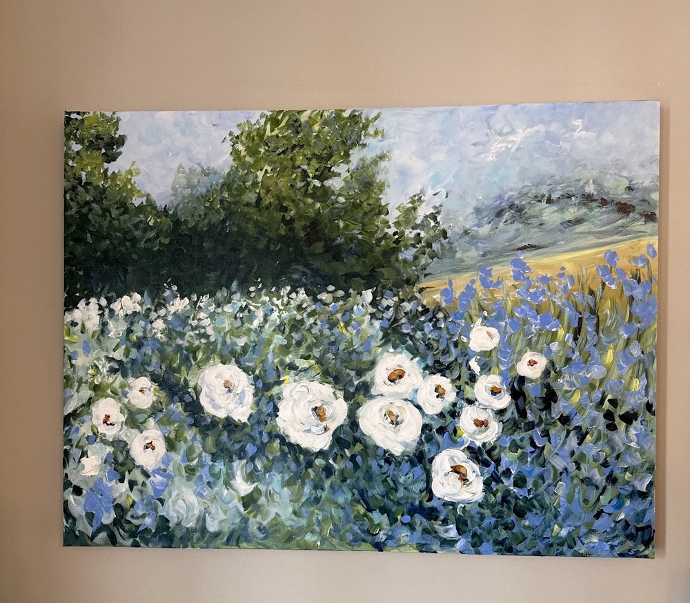 Original Large Floral Painting 24×30 Blue landscape White Flowers ready To Hang