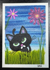 ACEO Original Watercolor and Acrylic Painting 2.5 X 3.5 Cat With Two Flowers