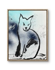 Original Signed Mixed Media Art Abstract Cat Line Drawing Painting 11×14 OOAK