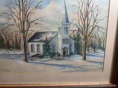 M Lutman Signed Winter Church Snow Watercolor Painting Framed VG 1980 19×15