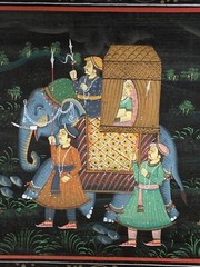 INDIAN ROYALTY INDIA ASIAN PAINTING MOGUL ELEPHANT CARAVAN PALACE GUARDS ON SILK