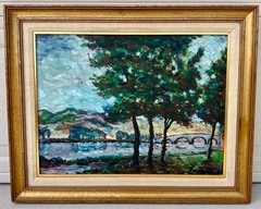 Mid-Century Roger Etienne Impressionist Landscape River, Trees & Arched Bridge