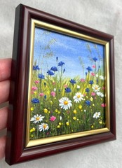 Summer Original Acrylic Painting Landscape Field Wildflowers Wall Art 4 x 4 in