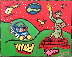 STATUE OF LIBERTY ON MARS by Jr CHARLIE FAST FOLK POP ART SPACE WORMS PAINTING