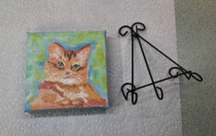 Orange tabby cat kitten Art painting 4×4 Jan Farr yellow signed W/stand