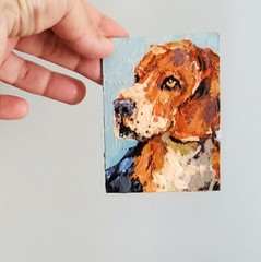 ACEO Original Painting Dog Beagle Pet Portrait Animals Gouache Modern Artwork
