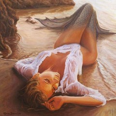 MQ1373 100% Handmade Painted Mermaid on the Shore Oil Painting Canvas Wall Art