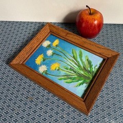 7″ Oil Painting on canvas board Dandelions in Oak Frame Signed Original