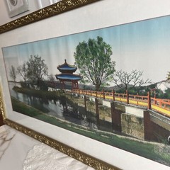 Antique gesso wood Frame Pagoda Fabric Painting Yard long Asian vtg oriental