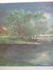Vintage Oil Painting Night Lake Cabin Moon Light New England Country Cottage