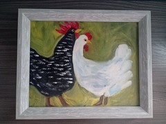 Vintage Folk Art Chicken Painting Original Canvas Framed Rooster Hen Country