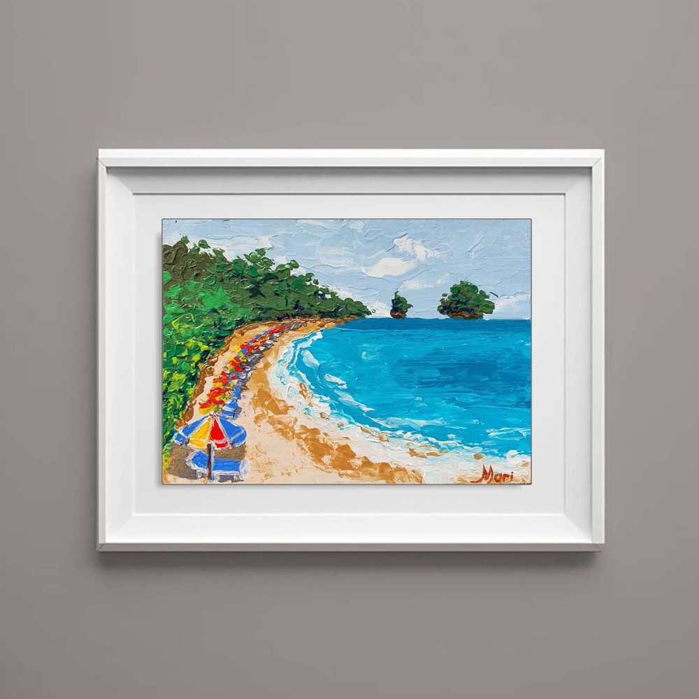 Beach Umbrellas Painting Seascape Ocean Shore Coastal Art Summer Wall Decor 6×8