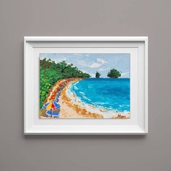 Beach Umbrellas Painting Seascape Ocean Shore Coastal Art Summer Wall Decor 6×8