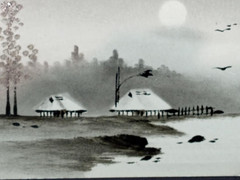 Set of 3 Vintage Japanese Ink Landscape Paintings – Mid-20th C. Sumi-e, Red Seal