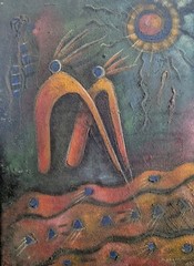 ORIGINAL HAITIAN ART PAINTING BY DENISE MANGONES 1216 LES INDIENS – ENCAUSTIC