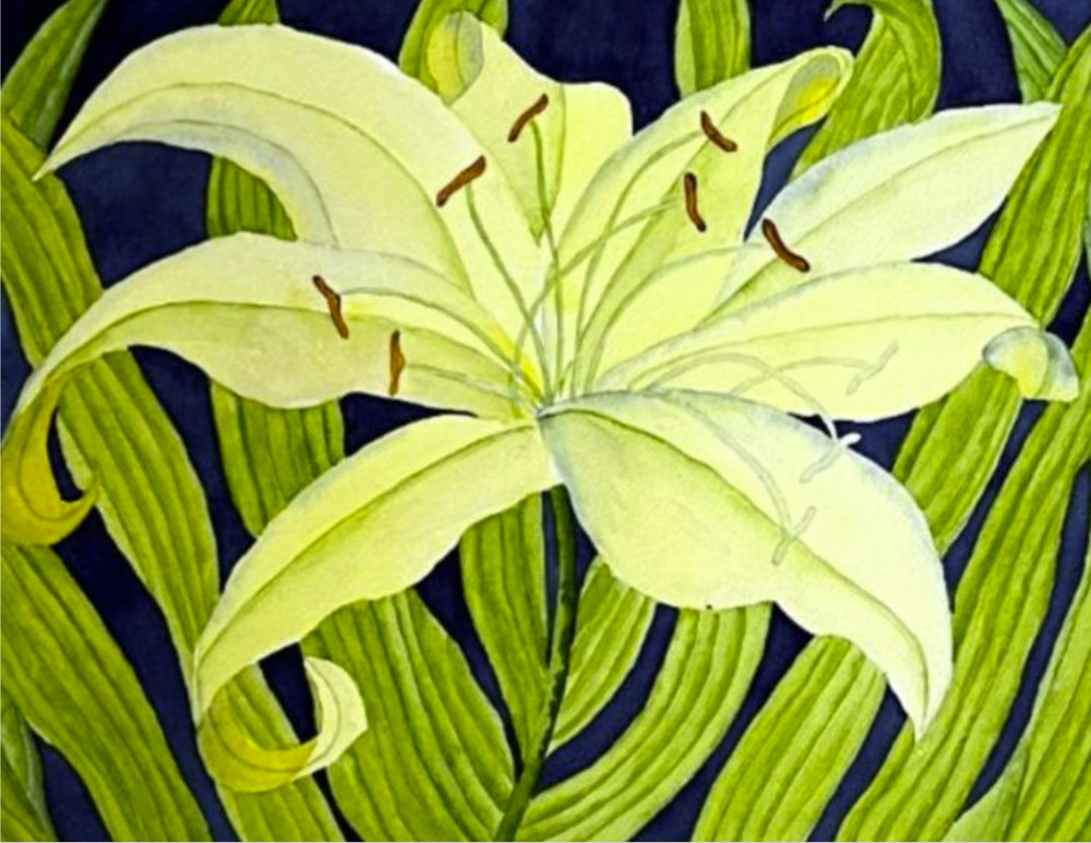 PAINTING WATERCOLOR 11X14 AND WHITE MAT 16X20 FLOWER LILY YELLOW GREEN ORIGINAL