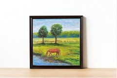 Oil Painting Original Horse Canvas Landscape Farm Animal River Pasture Equine