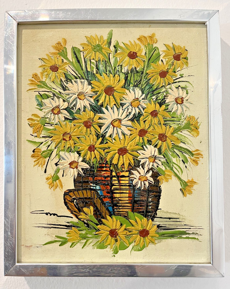 VTG Mid Century Floral Oil Painting Daisies Vase Flower Power Signed Framed CUTE