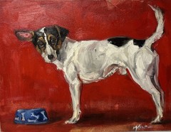 Young Pup And His Bowl, Oil In Gessobord, 8”x 6”, By Margot King