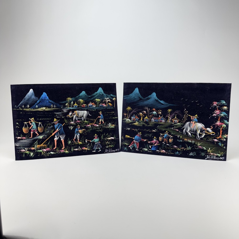 Vintage 1967 Jet-W. Wang Asian Village Water Buffalo Velvet Artwork Signed Set 2