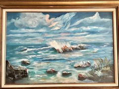 V. Lund – Oil Canvas Framed Painting – 32×44 (Sea, Ocean, Waves, Clouds, Rocks)