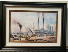 LARGE FRAMED OIL OR PRINT ON CANVAS RIVERBOAT SCENE „PACKET PACIFIC“