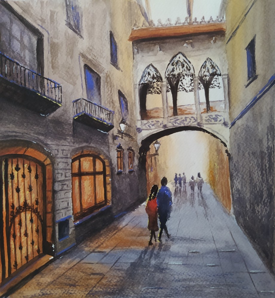 Original watercolor painting Bridge of Love Cityscape 24 x 26 cm