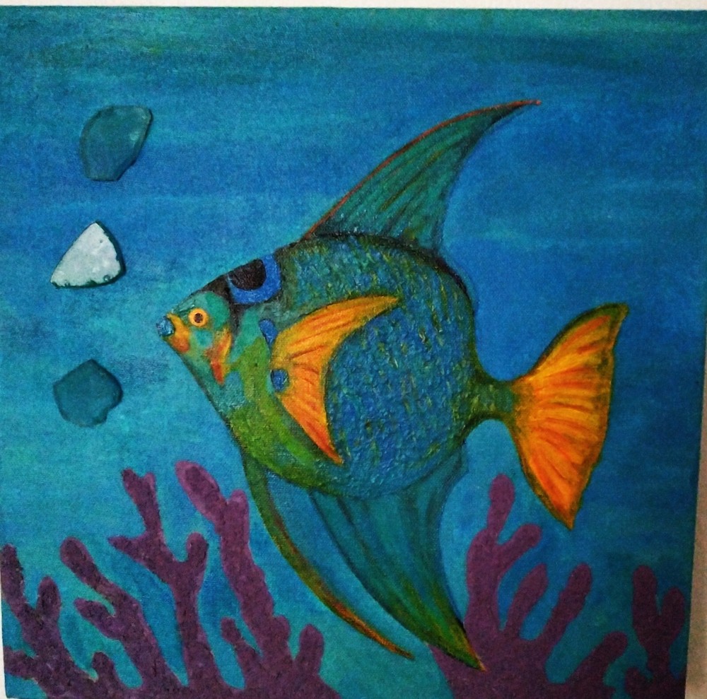 Painting Coastal Inspired Angel Fish on Canvas with Sea Glass and Beach Sand