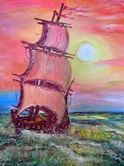 Original Oil Painting on Canvas by Serg Graff, „Ship“ Sunset Sea Ocean, COA