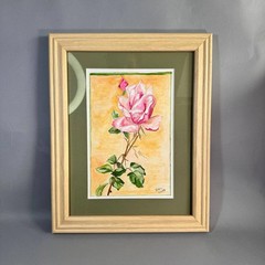 Original Watercolor Painting Pink Rose and Bud Signed PWL 2004 Framed