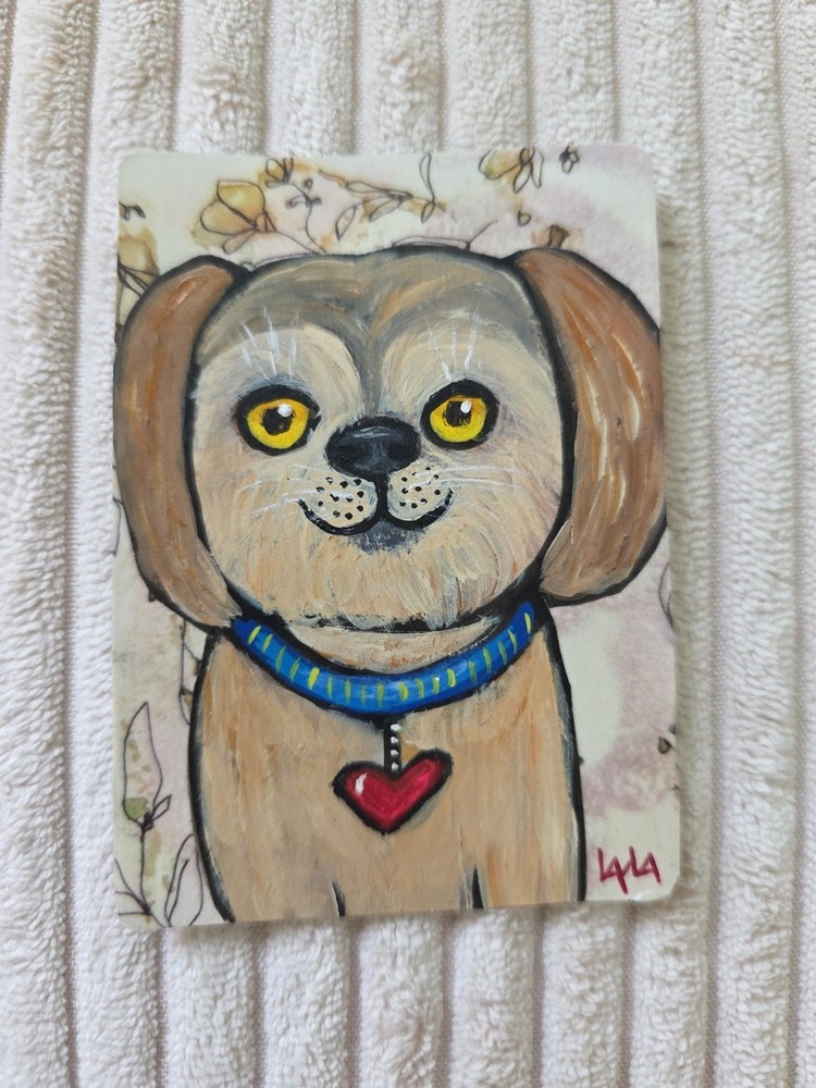 ORIGINAL ACEO Folk Art Painting Cute Dog Canine Heart Collar Portrait Fluffy