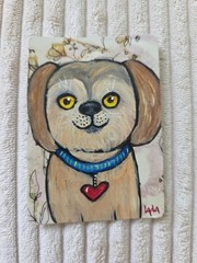 ORIGINAL ACEO Folk Art Painting Cute Dog Canine Heart Collar Portrait Fluffy