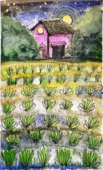 The Barn And Fields Nocturn 9×12 Watercolor On Paper Pop Art Whimsical Signed
