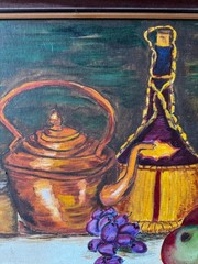 Vintage Still Life Painting Fruit Wine Kettle Signed MCM