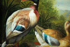 Beautiful Oil Painting of Ducks and Chick in River Landscape, Small & Framed