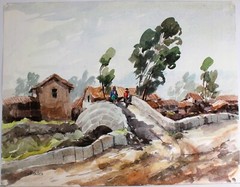 VINTAGE WATERCOLOR PAPER SIGNED MENDEZ SOUTH AMERICAN VILLAGE PERU STONE BRIDGE