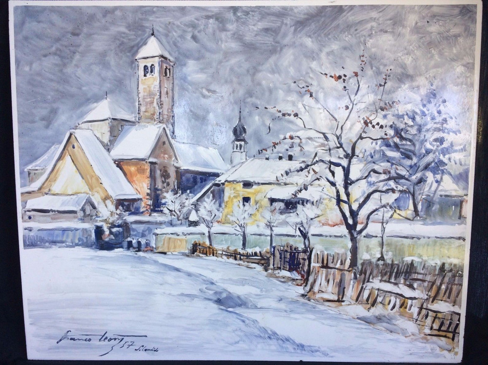 Italian Enamel Painting on Metal Signed Winter Landscape Village Scene Italy