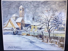 Italian Enamel Painting on Metal Signed Winter Landscape Village Scene Italy