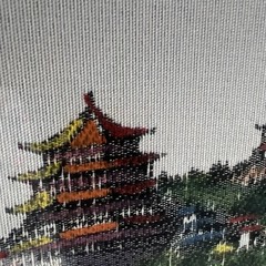 Antique gesso wood Frame Pagoda Fabric Painting Yard long Asian vtg oriental