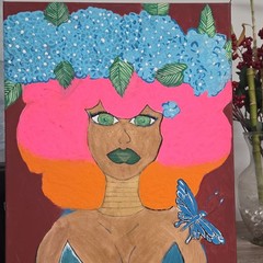 Folk Art Woman Portrait Painting w/ Colorful Hair & Butterfly, Unframed