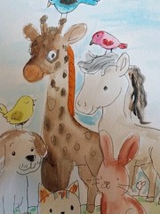GAT ORIGINAL Painting WATERCOLOR Painting Giraffee Horse Cat Dog Bunny Bird Art