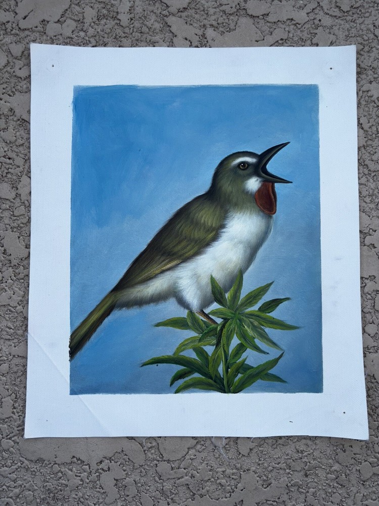 Green And White Bird Real Oil Painting On Canvas Blue Sky Background 9”x11”