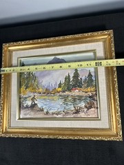 C. Hunt Original Watercolor Mountain Landscape Fisherman Framed 10”x8”
