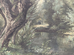 19th Century Original French Realist Oil on Panel Circle Courbet Brook Forest
