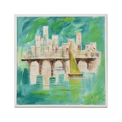 LeMark Mid-Century Modern Aqua Blue White and Green Nautical Harbor Painting
