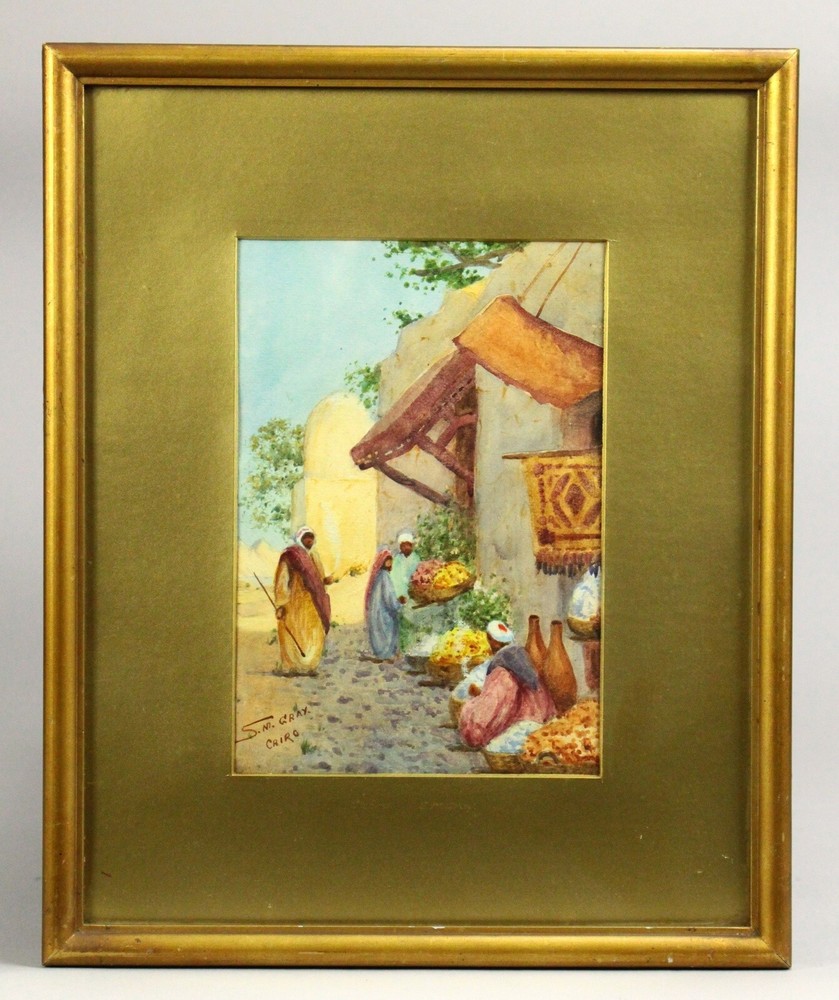 = Sarah M. Gray (New York, 1832-1908) Orientalist Watercolor, Cairo Street Scene