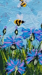 ACEO Cornflowers 1 Honey Bee Original Painting Wildflower Bumblebee Handmade Art