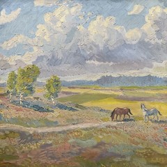 KALLE EKLUND ANTIQUE LANDSCAPE PAINTING IMPRESSIONISM WILD HORSES SANDZEN STYLE