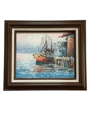 2 Oil Paintings by Florence Sailing Harbor Ocean Dripping Dock Hand Painted Orig