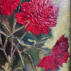 Original Vintage Painting Red Carnations Flowers on Canvas 10 x 13 Signed Korach